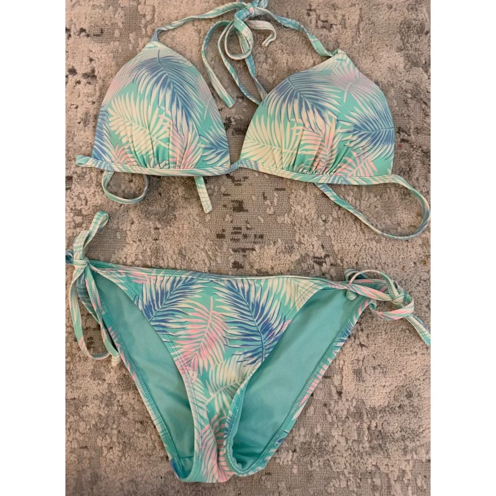 New Look Tropical Palm Leaf Print‎ Triangle Bikini Set Turquoise Pink Blue L